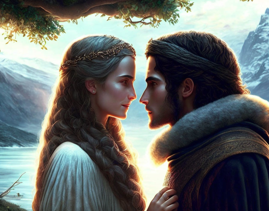 Medieval-themed illustration of man and woman with braided hair in fantasy landscape