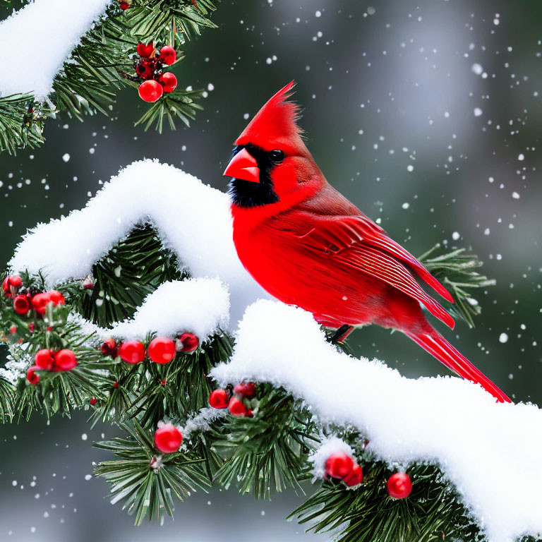 Red cardinal on snowy pine branch with red berries and falling snowflakes