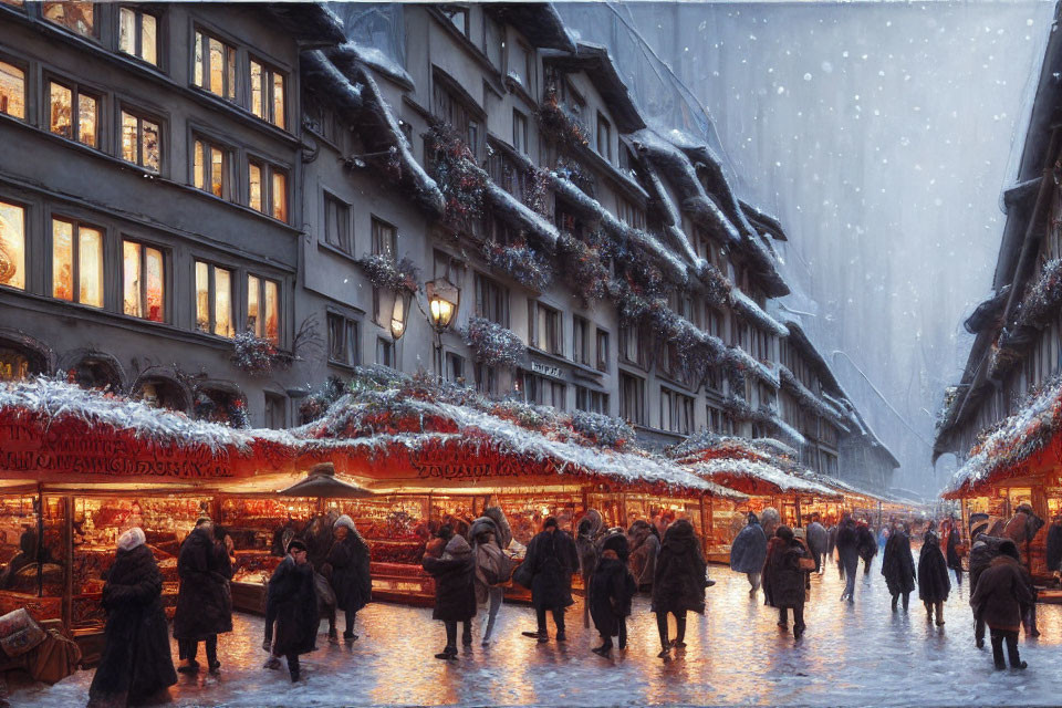 European Winter Street Market: Snowy Scene with Festive Decorations