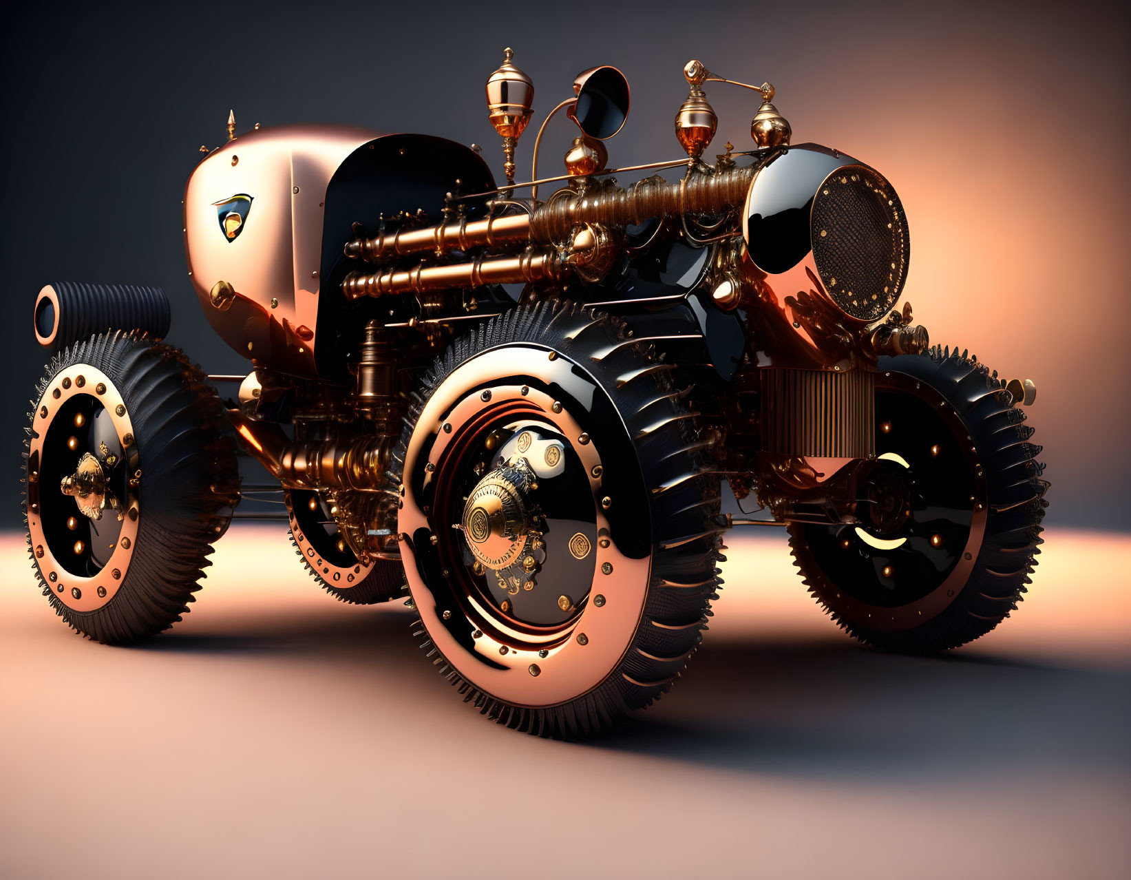 Detailed Steampunk-Inspired Three-Wheeled Vehicle in Metallic Bronze and Black Finish