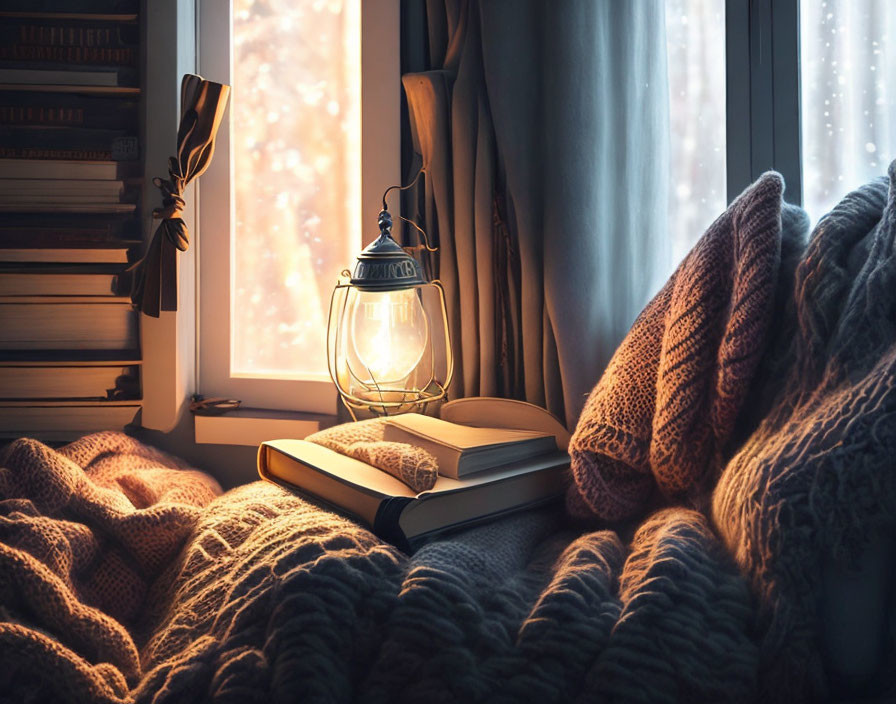 Warmly lit reading nook with lantern, books, knit blanket, snowy window view.