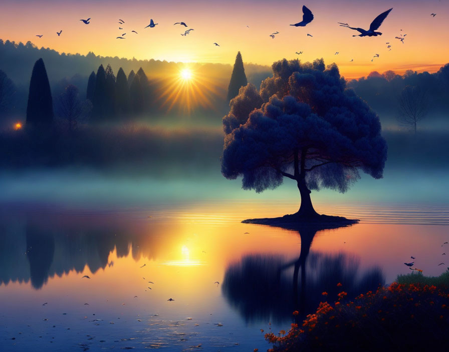 Tranquil lake at sunrise with lone tree, reflections, mist, and birds