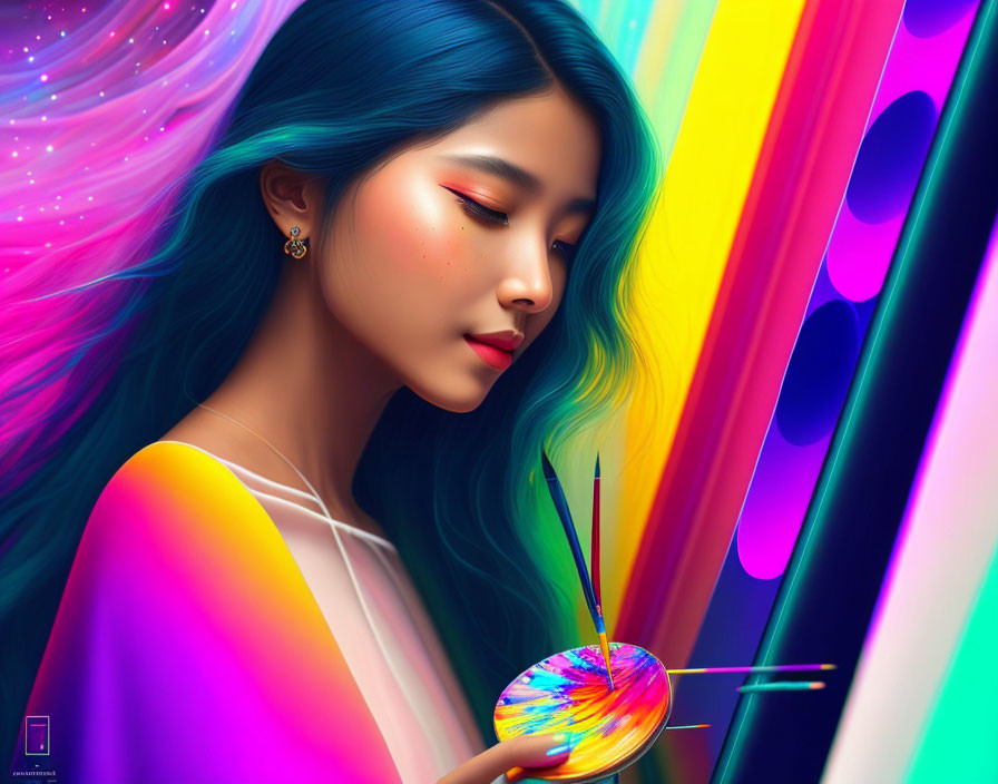 Vibrant digital artwork: young woman with blue hair, holding paintbrush and palette