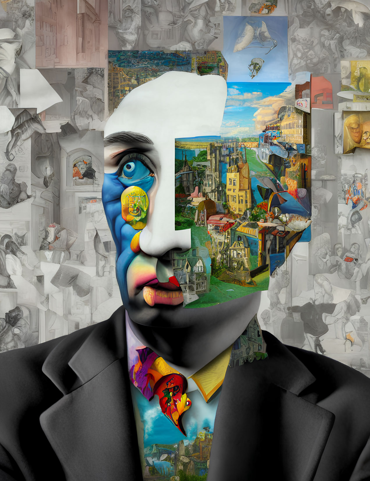 Collage of man's face with architectural, painting, and comic art elements on grayscale background