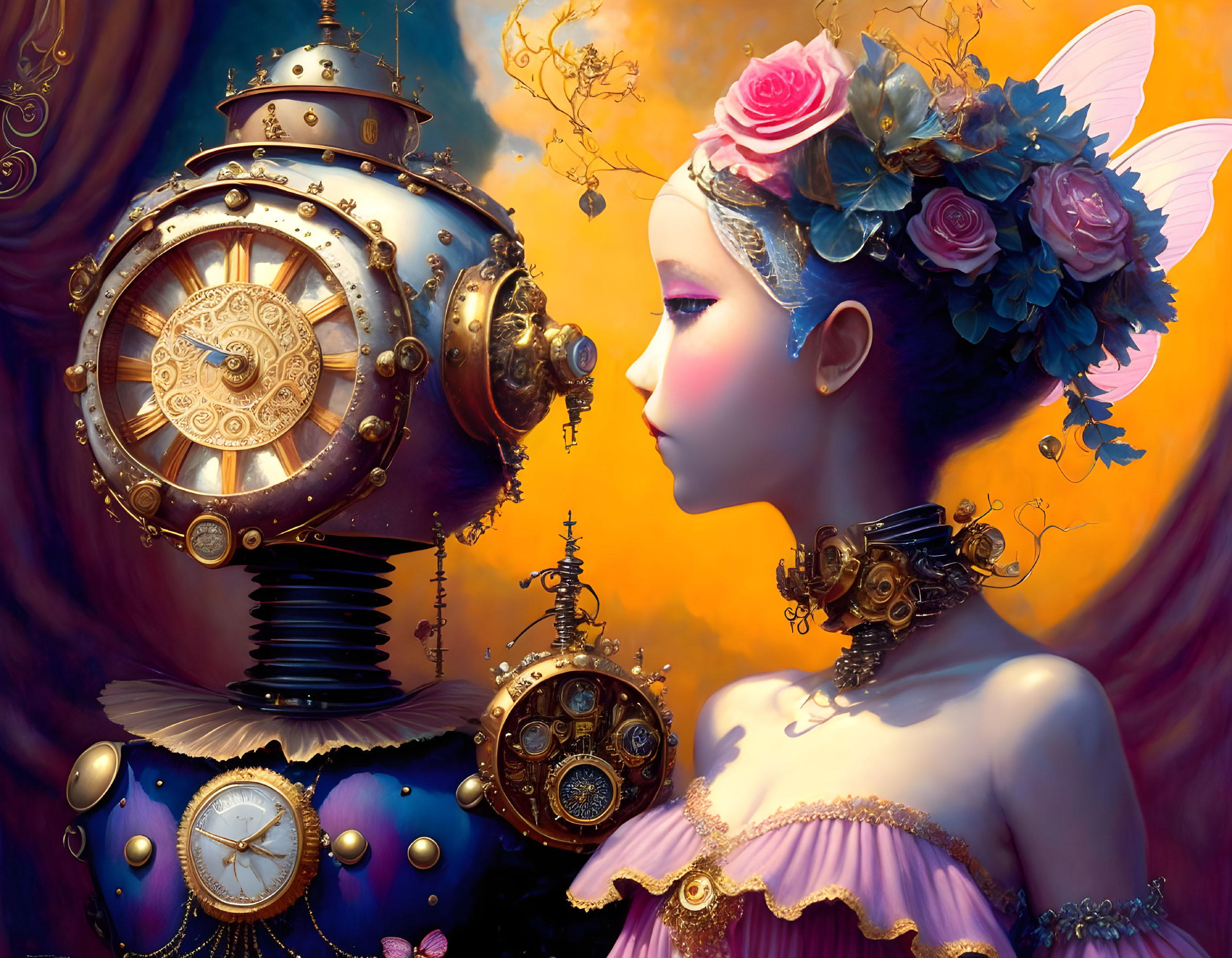 Steampunk scene with clockwork backdrop and fairy character in floral gear.