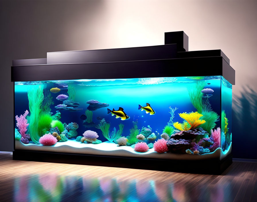 Vibrant fish, corals, and marine plants in illuminated aquarium