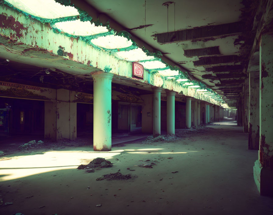 Decaying abandoned building with peeling paint and deteriorating columns in eerie green light