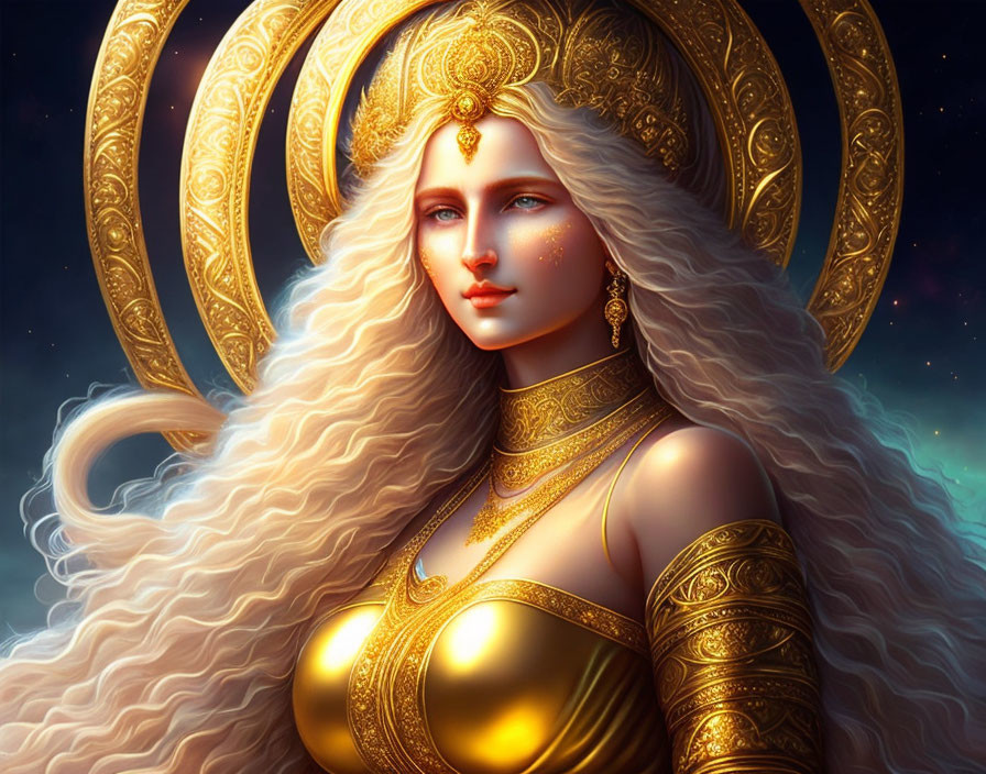 Fantasy woman in golden armor with flowing hair on cosmic backdrop