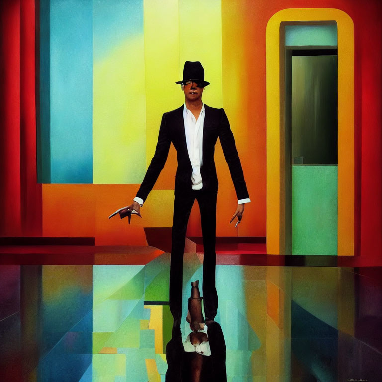 Person in Black Suit and Hat in Abstract Hallway with Reflective Floor