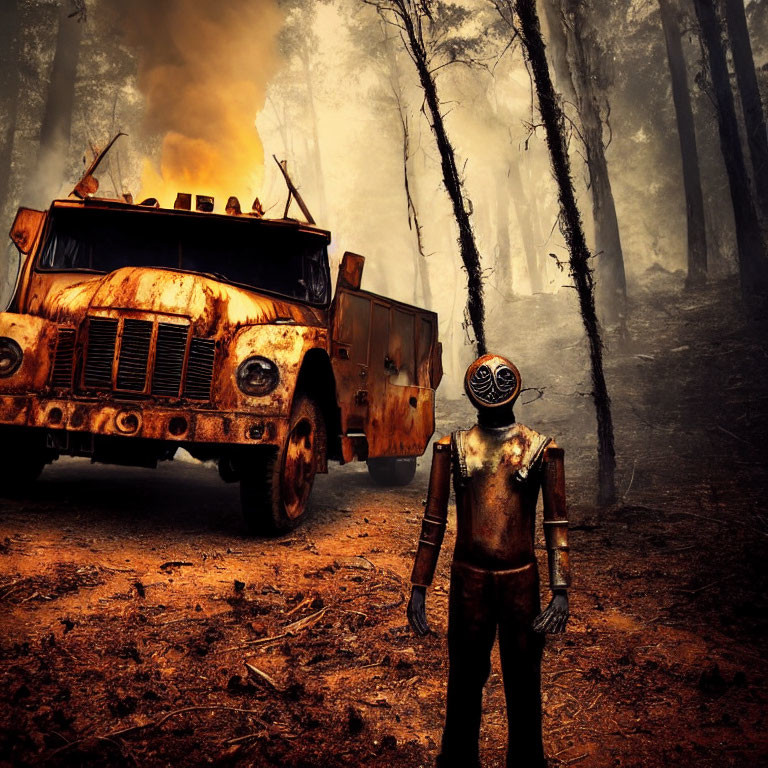 Bronze diver's suit figure in forest with burning truck in sepia-toned haze