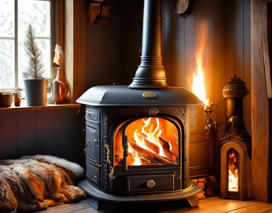 Warmly lit room with wood-burning stove and wintry view.