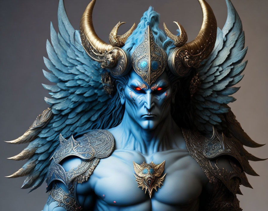 Blue-skinned fantasy character with red eyes, ornate horns, wings, and silver armor.