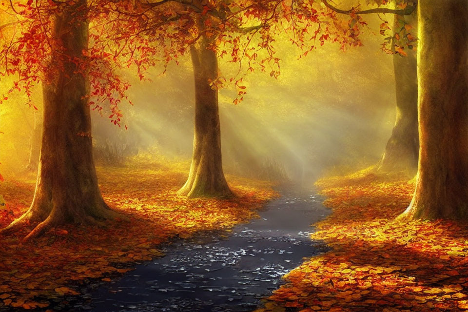 Tranquil autumn forest scene with golden sunlight and fallen leaves