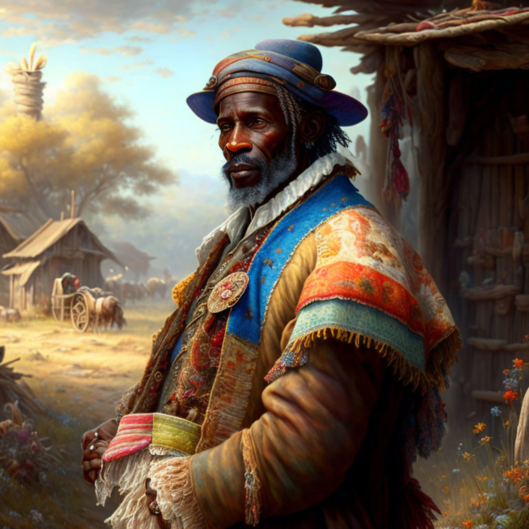 Digital painting of an older man in colorful attire with rustic village backdrop