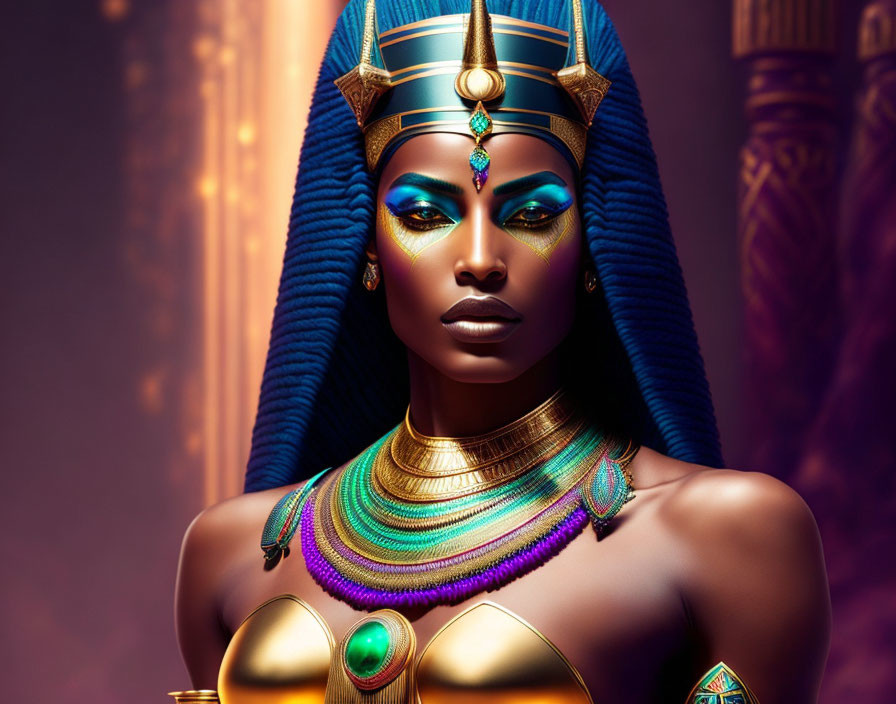 Digital artwork of a woman as an Egyptian pharaoh with elaborate headdress and striking makeup