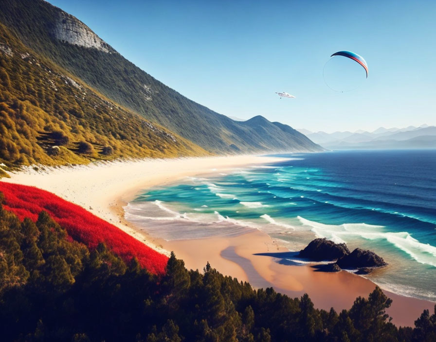 Scenic beach with red foliage, blue waters, and mountain landscape