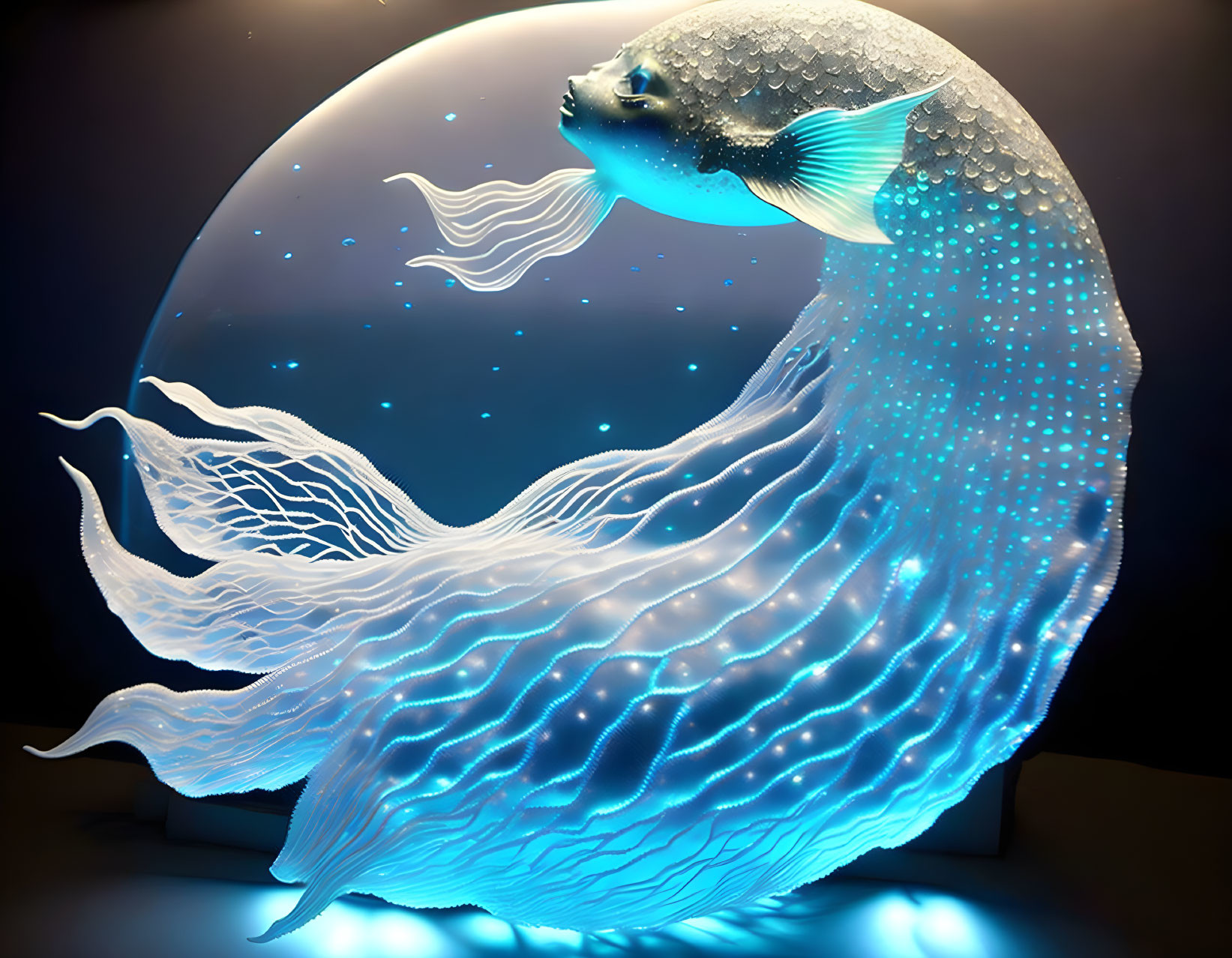 Glowing fantastical fish with flowing fins in dreamlike underwater scene