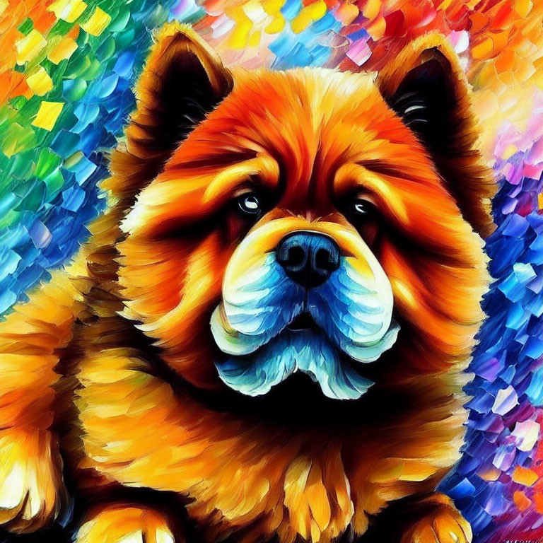 Fluffy Chow Chow dog painting on vibrant multicolored background