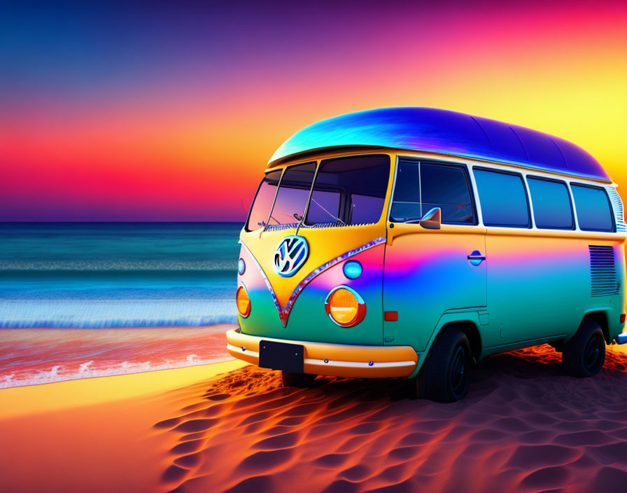 Vintage Volkswagen van on sandy beach at sunset with vibrant hues in sky and ocean