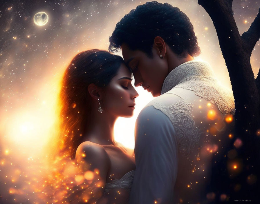 Romantic couple embracing under crescent moon in twilight scene