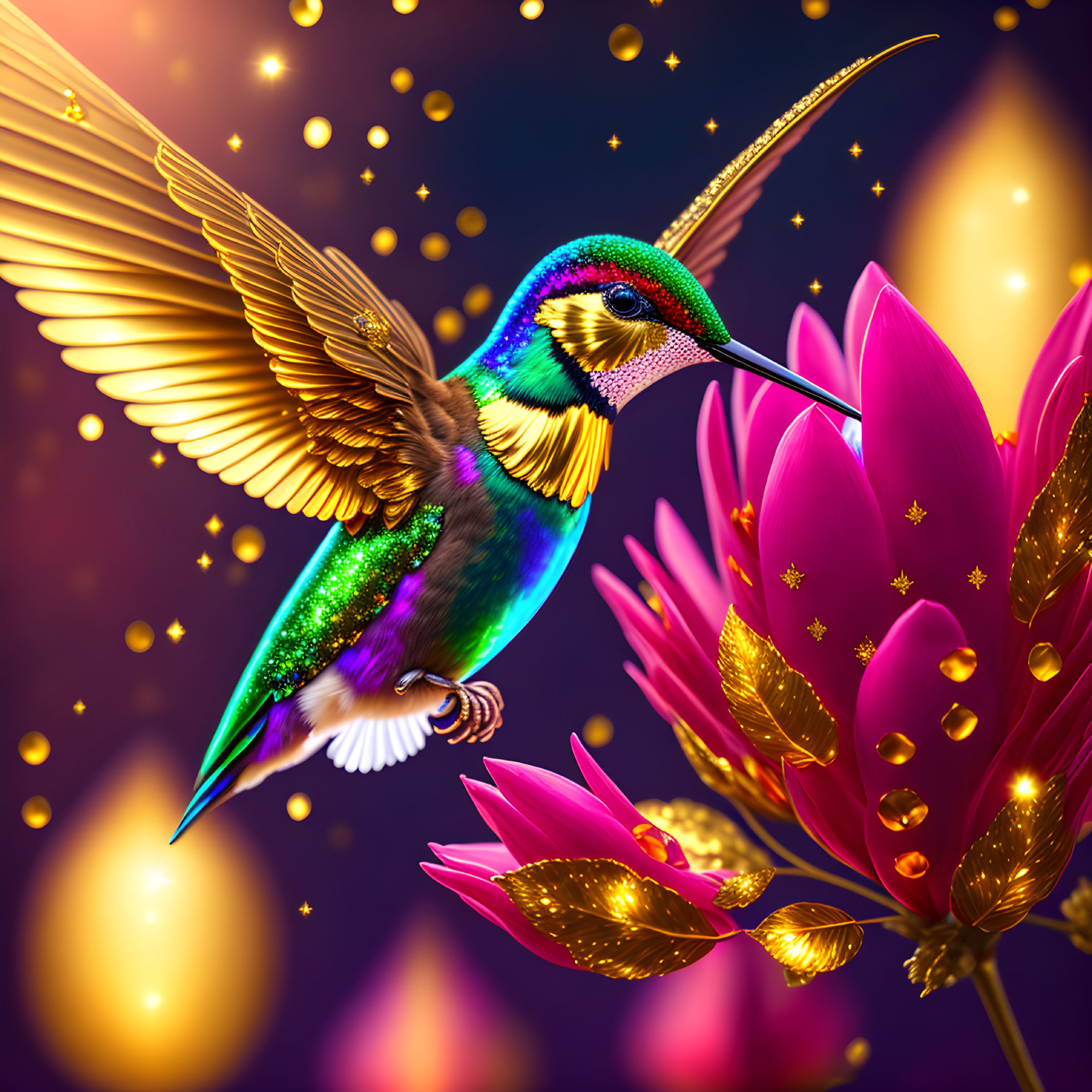 Colorful digital artwork: Sparkling hummingbird with golden wings near pink flower on starry background