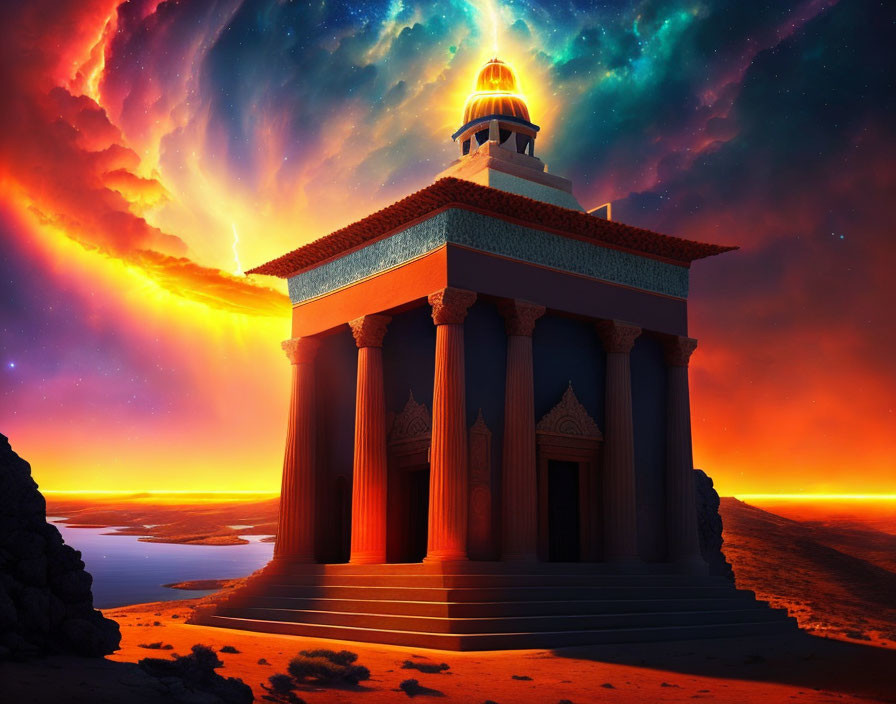 Grand temple against dramatic cosmic sky by calm waterfront