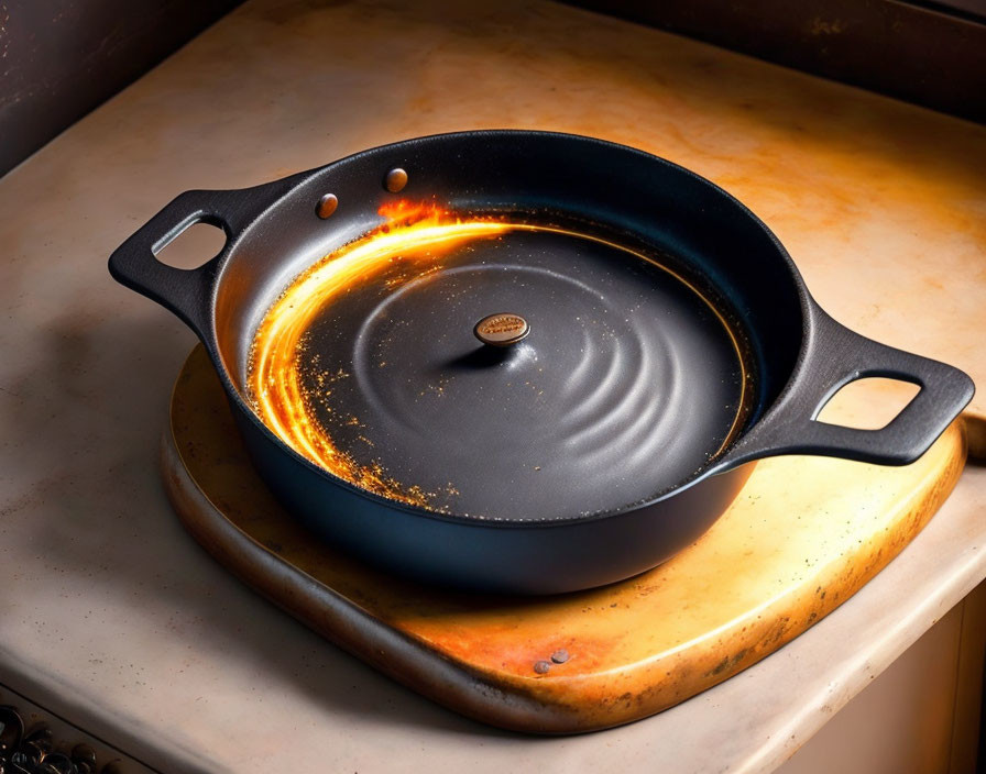 Flames on Cast Iron Skillet with Ignited Oil