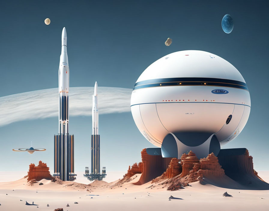 Futuristic Spaceport with Rockets, Dome, Drones on Desert Planet