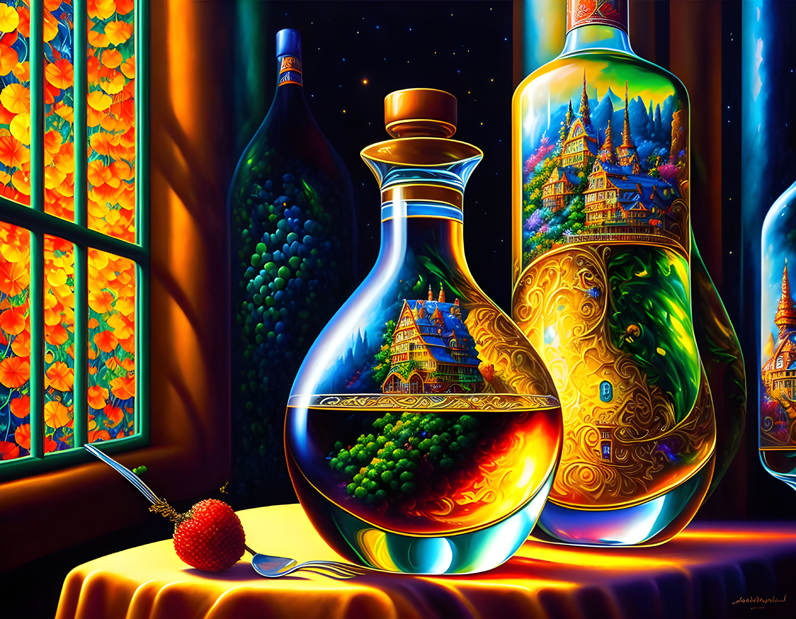 Colorful Painting: Three Ornate Bottles with Scenes on Starry Night Background