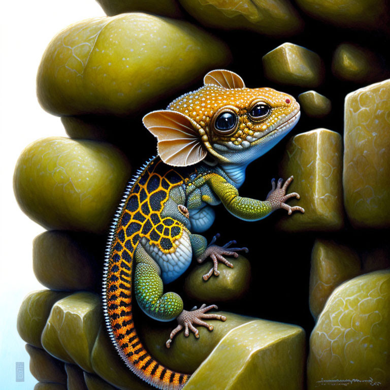 Vibrant Colorful Gecko on Mossy Rocks with Detailed Textures