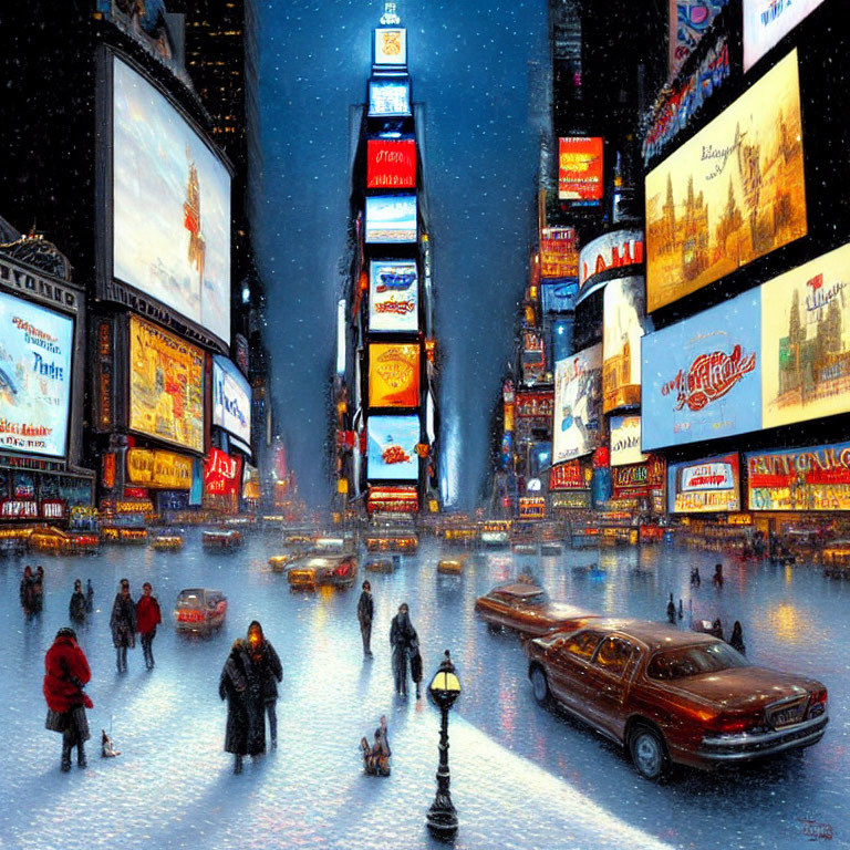 City Street Night Scene with Snowfall, Billboards, Pedestrians, and Neon Lights