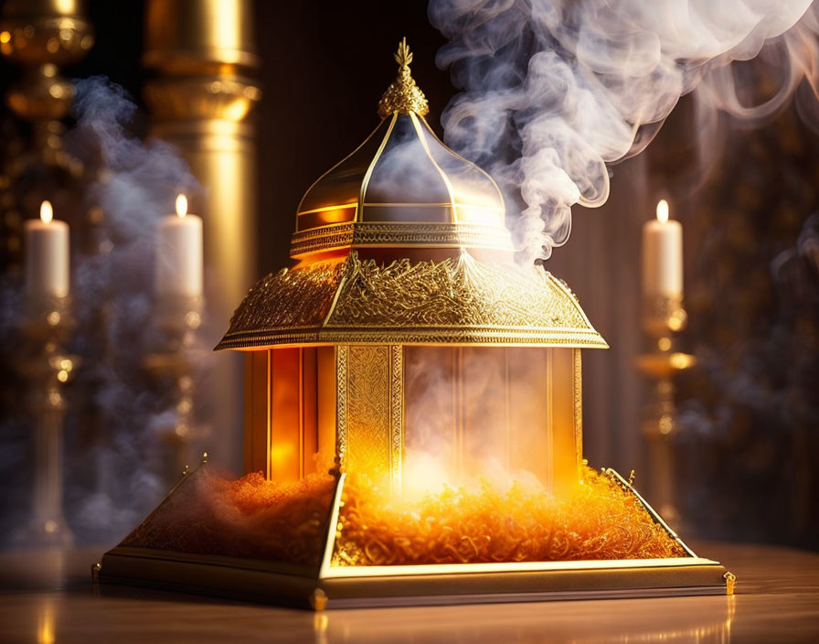 Golden censer emitting smoke in candlelight creates mystique.