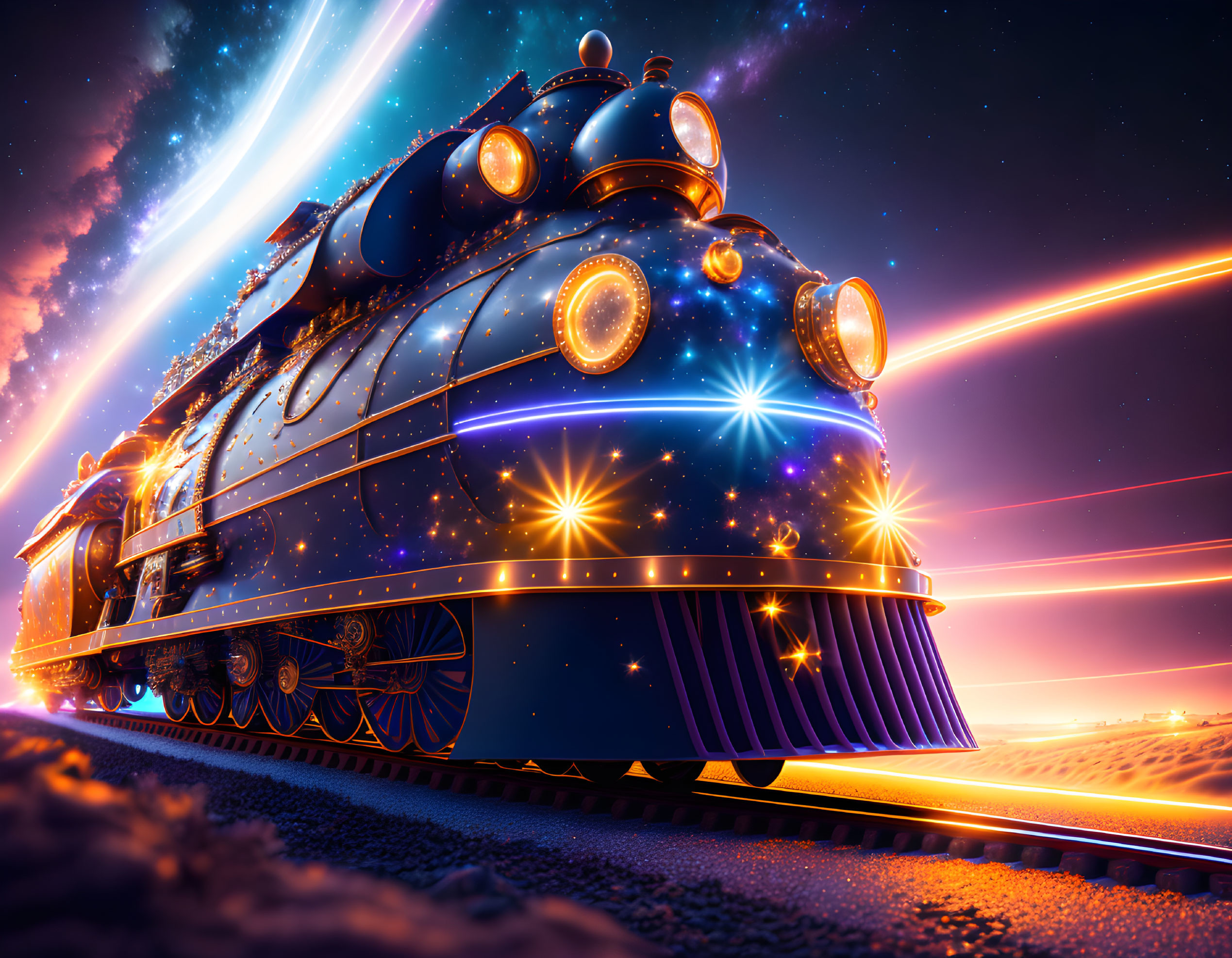 Futuristic train speeding under vibrant surreal sky