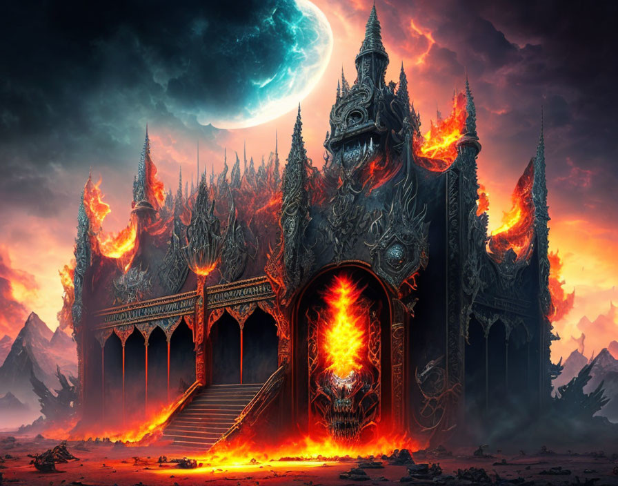 Burning gothic castle with fiery skull in night sky