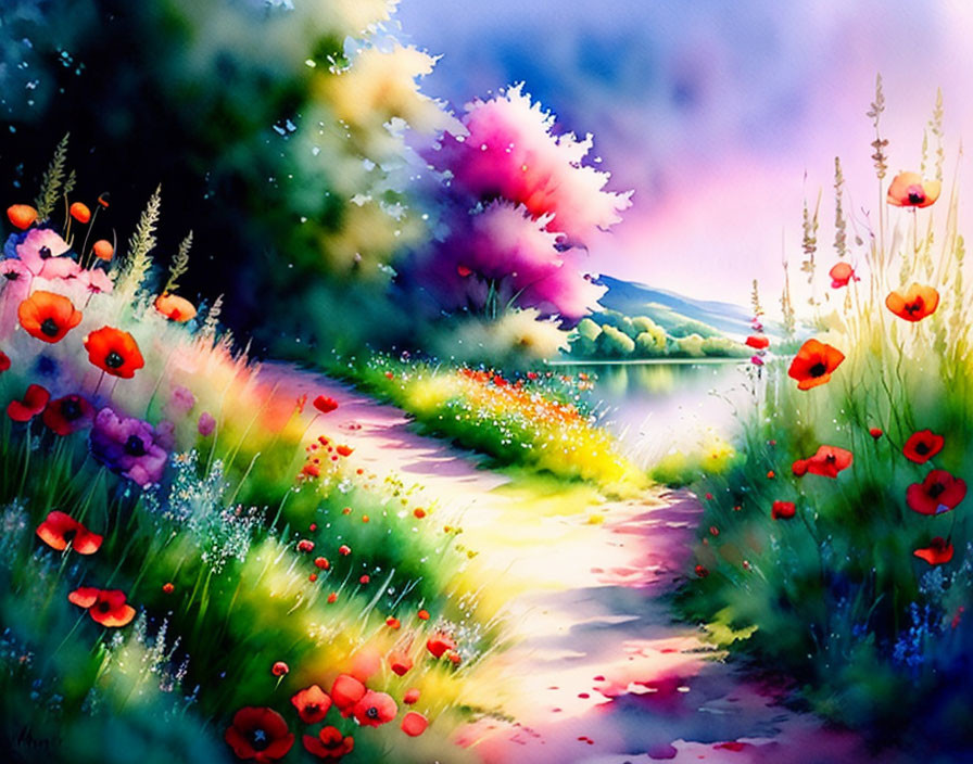 Colorful Watercolor Painting: Winding Path Through Meadow