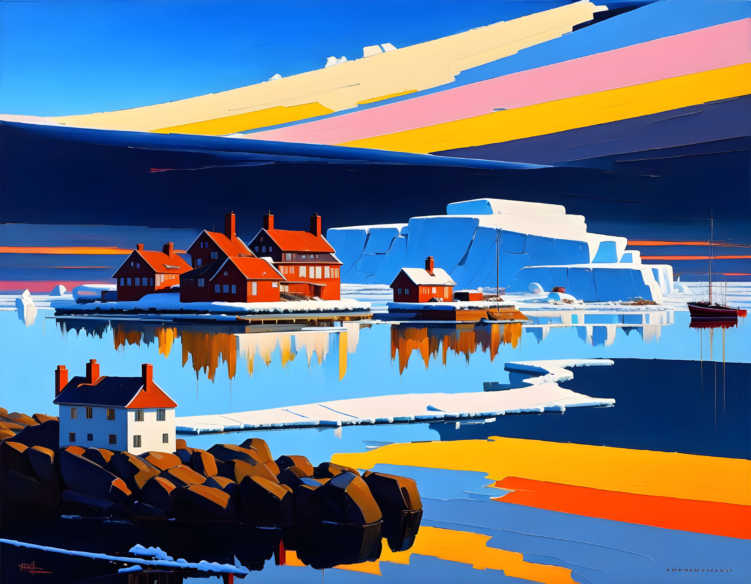 Vivid coastal painting with houses, boats, icebergs, and layered sky