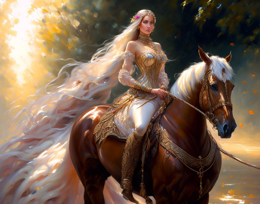 Regal woman in ornate armor riding majestic horse in sunlit backdrop