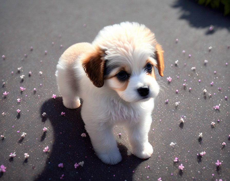 White and Brown Puppy Surrounded by Pink Flower Petals