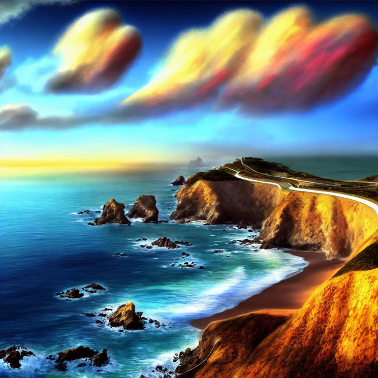 Vibrant sunset coastal scene with winding road and serene ocean