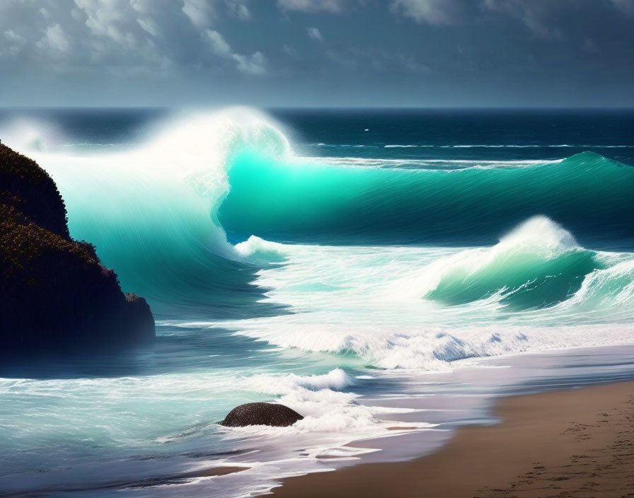 Azure wave cresting near sandy beach under partly cloudy sky with rocky cliff