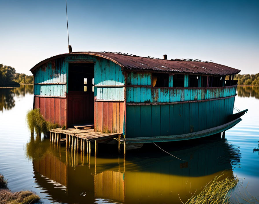 Weathered houseboat with peeling paint on calm river dock