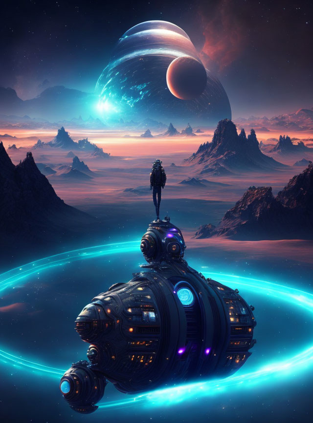 Futuristic structure with lone figure in alien landscape