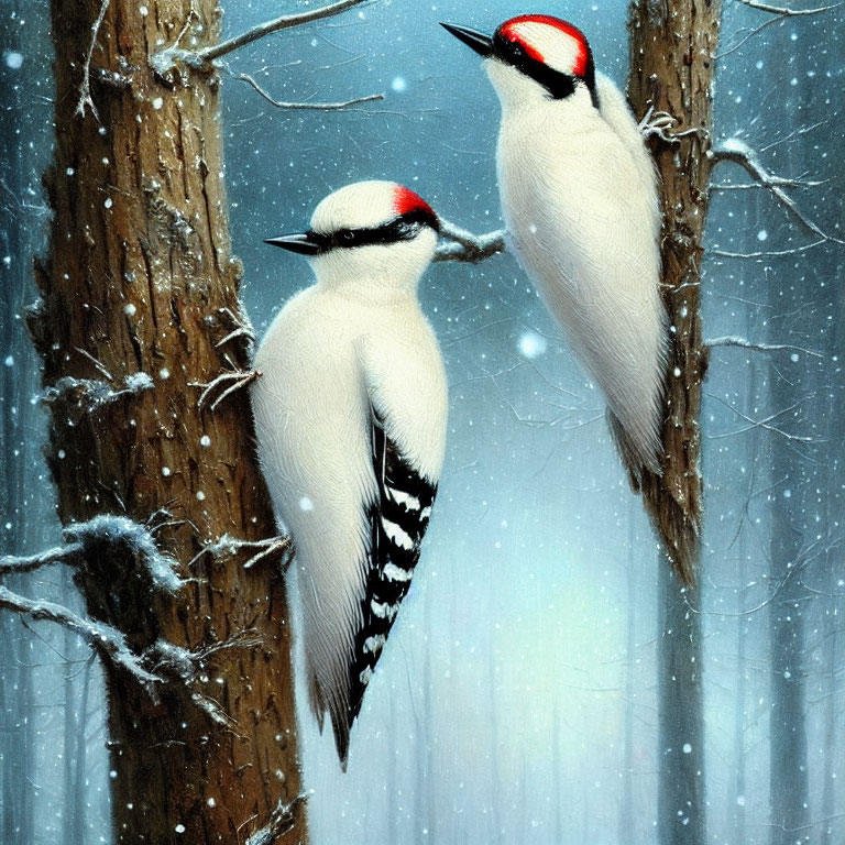 Pair of woodpeckers on snowy forest tree trunk