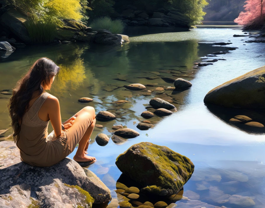 Woman Sitting on Rock by Tranquil River Surrounded by Lush Greenery