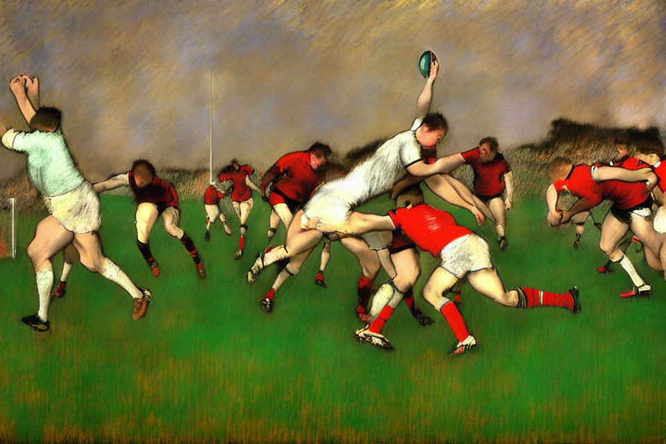 Dynamic rugby match artwork: white players tackling red players under textured sky