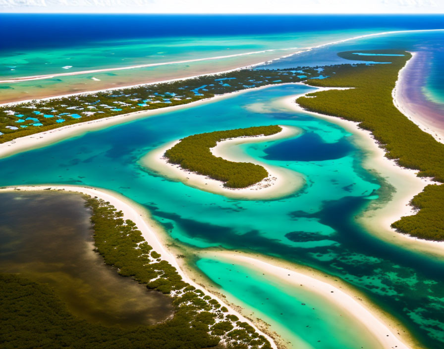 Tropical coastline with swirling sandbanks and turquoise waters