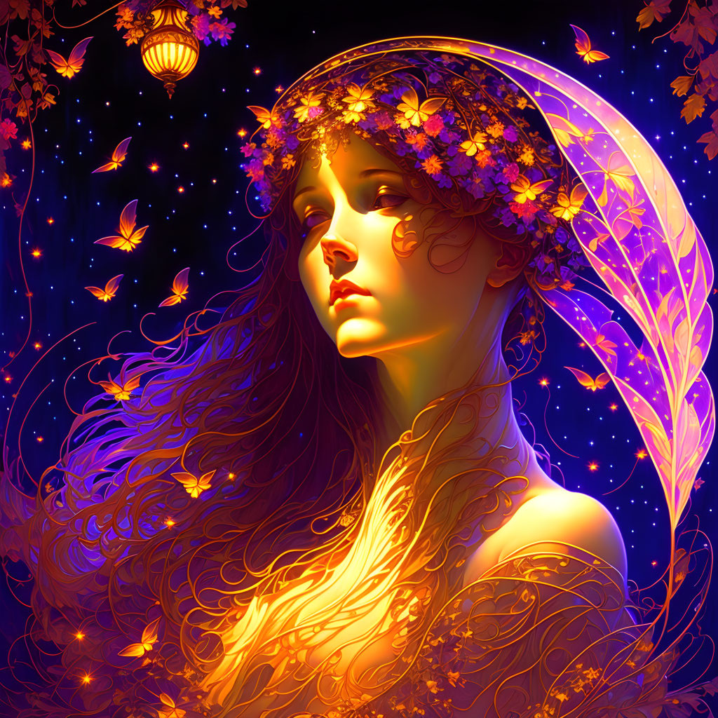 Illustration of woman with glowing flowers and butterflies under starry sky