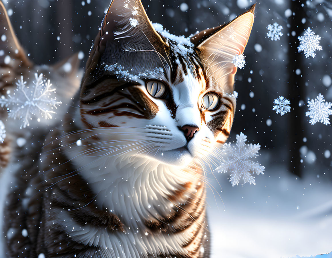 Tabby Cat with Snowflakes in Winter Scene