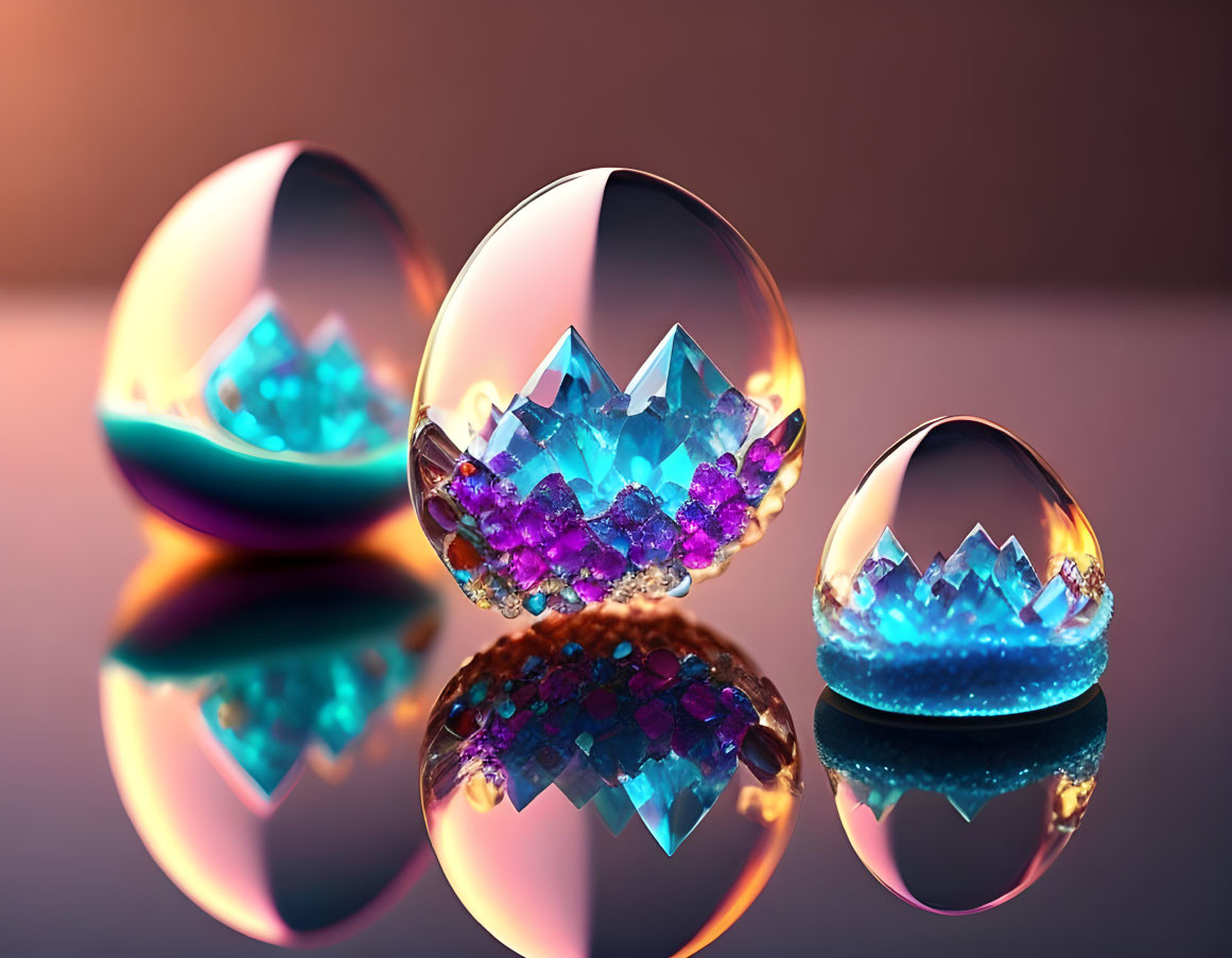 Colorful Crystal Formations Inside Transparent Spheres on Glossy Surface