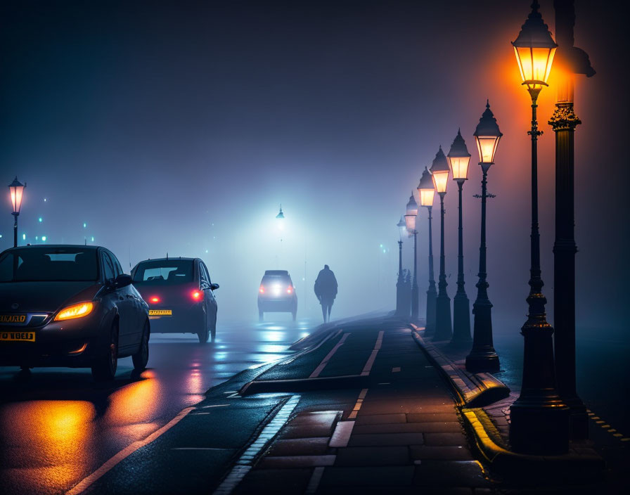 Foggy Night Street Scene with Silhouetted Figure and Glowing Lamp Posts